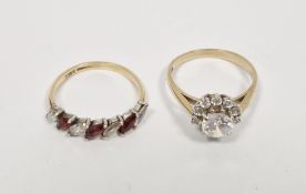 9ct gold cluster ring set white stone and 9ct gold, red and white stone ring set seven elliptical