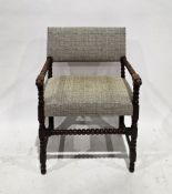 Oak bobbin elbow chair in the 17th century manner, the back and seat with contemporary grey