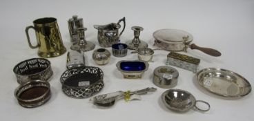 Mixed lot of silver plate including  hip flask, wine coasters, pair of dwarf candlesticks, milk