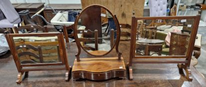 Three 19th century mahogany framed swing dressing mirrors, two with rectangular frames and the other