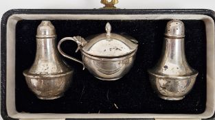 Silver three-piece condiment set, Birmingham 1928, comprising a salt, pepperette and mustard, each