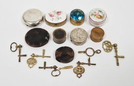 Collection of small pill boxes and Georgian gilt-metal pocket watch crank keys, and other items,