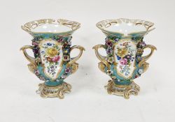 Pair of Meissen baluster two-handled flower encrusted vases, late 19th century blue crossed swords