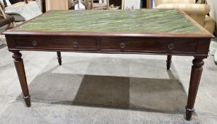 19th mahogany library table, the rectangular top with later marble effect painted surface, two