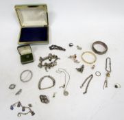 Silver charm bracelet, various silver jewellery items, marcasite and other (1 box)