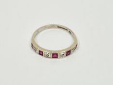 9ct white gold, ruby and diamond half-eternity ring, finger size N, 1.7g approx