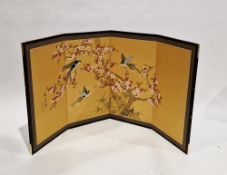 Japanese four-panel folding screen with handpainted continuous decoration of birds amongst blossom