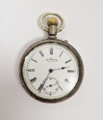 Silver open-faced pocket watch, the enamel dial inscribed 'AM.Watch Co Waltham', with subsidiary