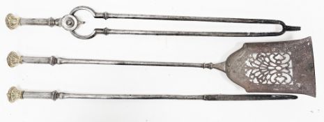 19th century steel and brass three-piece companion set, comprising shovel, tongs and poker, each