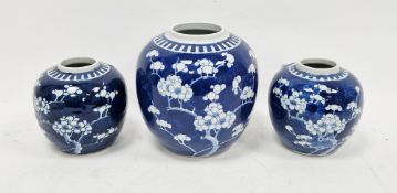 Three Chinese porcelain blue and white ginger jars in sizes, Qing Dynasty, all painted in