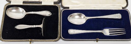 Silver christening spoon and fork set by Wakely & Wheeler, London 1936, with bright cut style