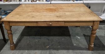 19th century pine kitchen table, the rectangular top with thumbmoulded edge, on turned baluster legs