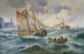 Ol Petersen  Oil on canvas Seascape with sailing boats, steamship and rowing boat in foreground,