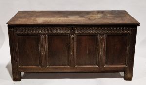 18th century oak coffer, the hinged lid with thumb moulded edge to sides, opening to an empty space,