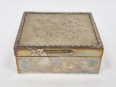 Silver cigarette box, London 1927, of rectangular form, the hinged cover with engine-turned