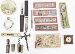Mixed lot of collectables including a steel bow button hook, four cased multi-tool sets, hardwood