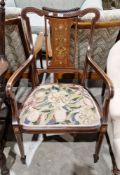 Edwardian marquetry inlaid open armchair with woolwork tapestry seat, 92cm high x 54cm wide x 53cm