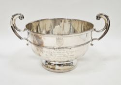 Silver two-handled pedestal bowl, makers mark rubbed, Chester 1909, of plain circular form with