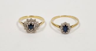 Two 18ct gold, blue and white stone cluster rings, 6.1g gross weight approx.(2)