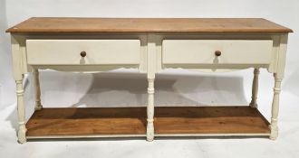 Pine dresser base, partially painted cream with two frieze drawers having wooden knob handles,