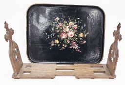 Late 19th/early 20th century oak book slide, the folding ends carved in a gothic ecclesiastical