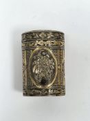 18th century silver-gilt etui/scent bottle case, unmarked, of oval form decorated with panels of