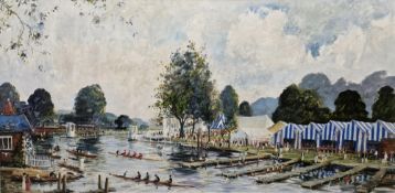 Jeremy King (20th century)  Oil on board Henley Regatta with numerous figures, tents and boats,
