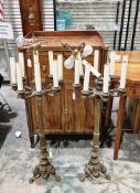Pair of early 20th century electrified cast brass candelabrum table lamps, having a pair of