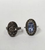 Art Deco white metal dress ring set with a faceted blue gemstone in a marcasite set border, size N