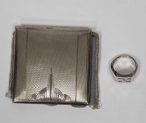 Silver compact, Birmingham 1947, William Suckling Ltd, of square form with Art Deco and engine