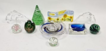 Collection of paperweights and other glassware including one by Kerry Glass with green swirls, two