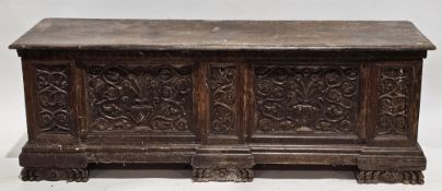 17th century Italian walnut cassone, the hinged single plank lid opening to an empty space, the