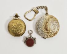 Silver, bloodstone and cornelian swivel fob, brass sovereign case and white metal magnifying glass