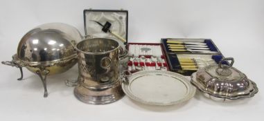 Quantity of silver plate including a silver plated warmer, the base of circular form with integral