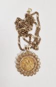 Edwardian half sovereign 1906 in 9ct gold pendant mount, on 9ct gold flat curb-link chain, 7.4g