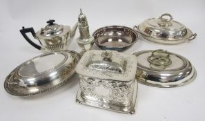 Large Victorian silver plated biscuit barrel of rectanguar form with floral decoration, vacant