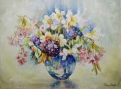 Penny Ward  Watercolour drawing  Daffodils and other flowers in vase, 23cm x 31.5cm
