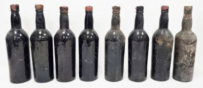 Eight bottles of unlabelled vintage port, varying levels, capsules of various conditions (8)