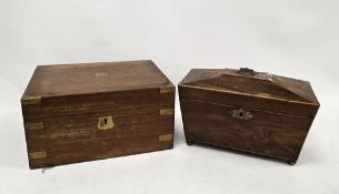 19th century mahogany and brass bound writing slope box, the hinged lid opening to a black leather