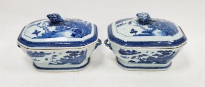 Pair of Chinese export porcelain blue and white shaped rectangular vegetable tureens and covers,