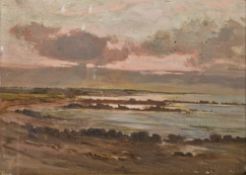 R. Little?? (possibly Robert Little 1854-1944) Oil on board Coastal scene at sunset, signed lower