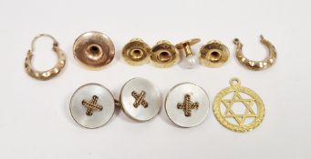 Three gold collar studs marked 18ct, 2.3g approx, another collar stud marked 9ct, a pair of 9ct gold