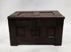 17th/18th century small coffer, the two-panel hinged lid over a three-panel front with linenfold