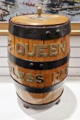 Royal Naval style coopered rum grog barrel, iron bound with applied lettering 'The Queen God Bless