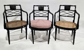 Set of ten Regency-style ebonised dining elbow chairs, the back panels engraved with the Hicks-Beach