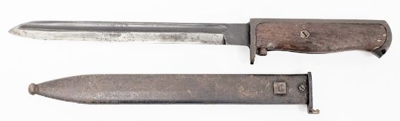 Norwegian M1894 bayonet and scabbard with wooden grip and steel sheath, stamped 126381, the blade
