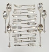 Set of silver Hanoverian rattail pattern flatware by Mappin & Webb, Sheffield 1928, comprising six