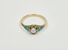 Antique gold-coloured metal, pearl and turquoise ring, the claw set blister pearl with turquoises