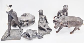 Four plaster sculptures with a bronzed finish including two nude reclining women, nude man and a
