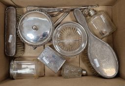 Victorian dressing table box of rectangular form with silver cover, engraved with scrolling floral